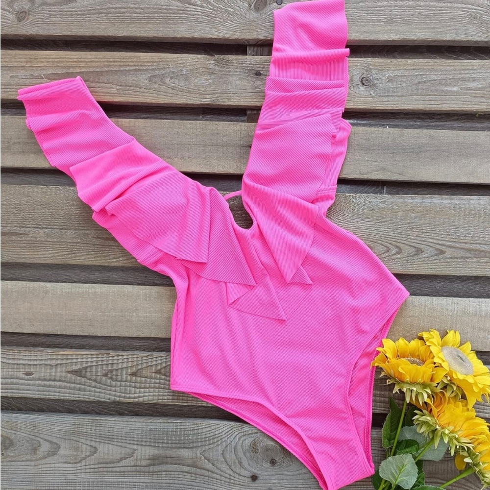 New One Piece Bright Pink V-Neck Ruffle Swimsuit